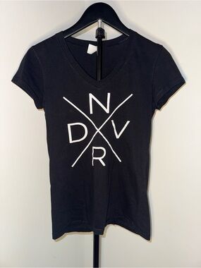 Black V-Neck Graphic Tee with White Print